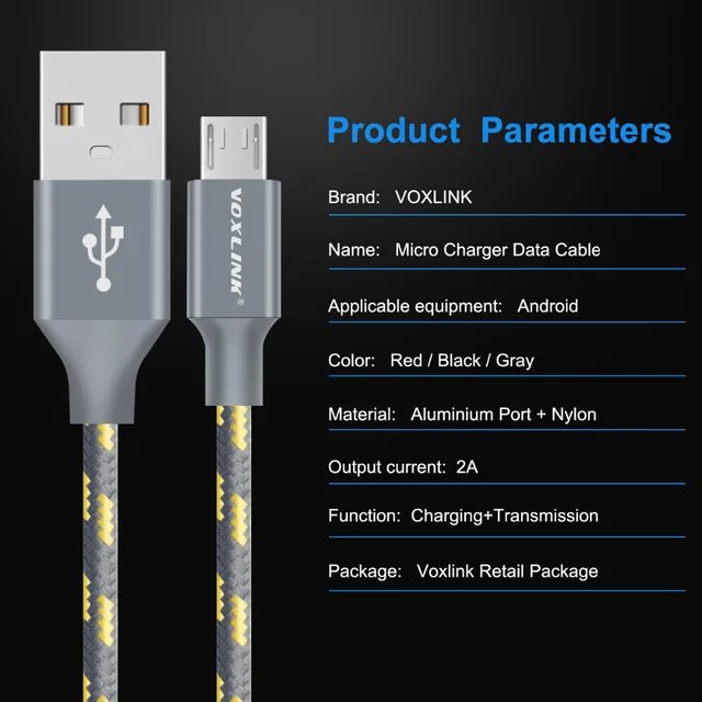 1m/3.3ft 2A Fast Charging and Data Sync Cord VOXLINK Micro USB Cable  for Android Samsung Charging Cable