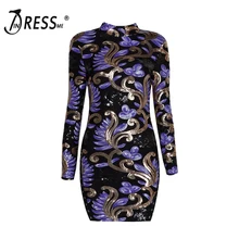INDRESSME 2017 New Spring Women Stand Neck Long Sleeve Sequined Print Vintage Bodycon Sheath Party Dresses
