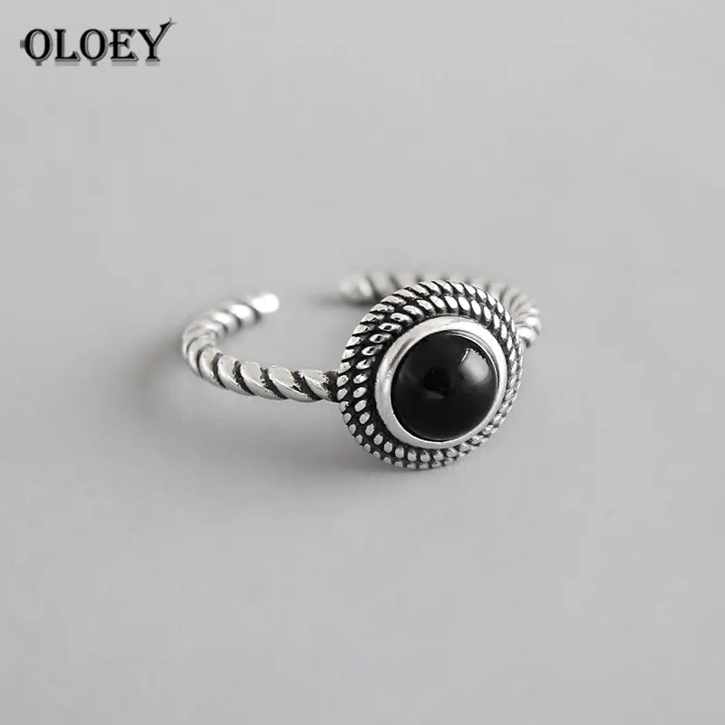 

OLOEY Genuine 925 Sterling Silver Midi Finger Ring Vintage Black Agate Stone Open Rings for Women Fine Party Jewelry Gift YMR713