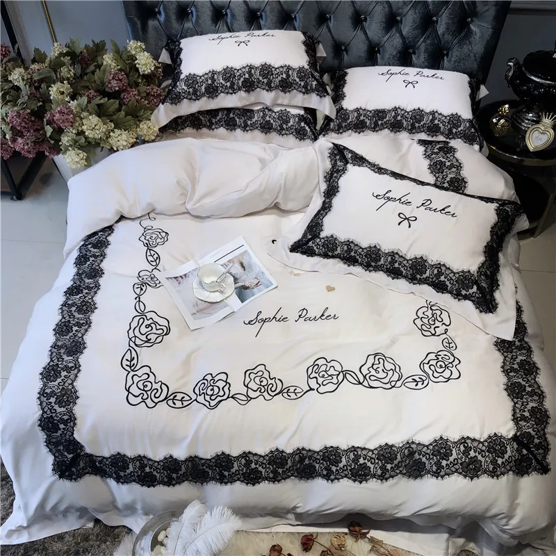 Black Lace Duvet Cover Set Comfortable Tencel Silk White Bedding