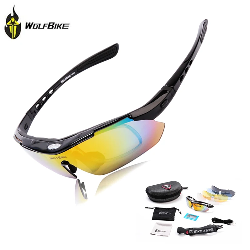 

WOLFBIKE Polarized Cycling Eyewear Sun Glasses Mens Sports Bicycle Glasses Bike Sunglasses Driving Skiing Goggles 5 Lens Black