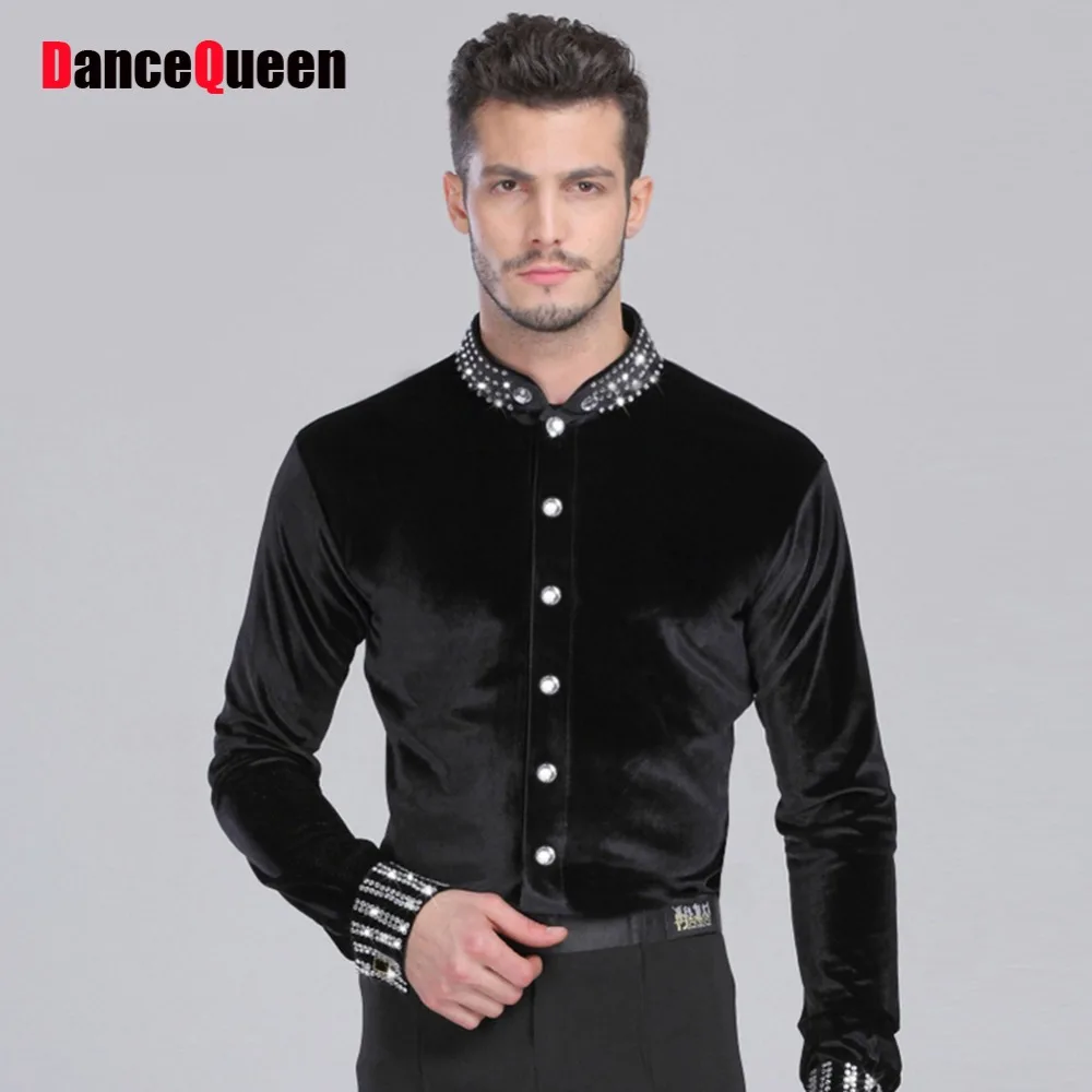 Men Ballroom Dance Shirt Black Spandex Latin Top Velvet Diamond Men