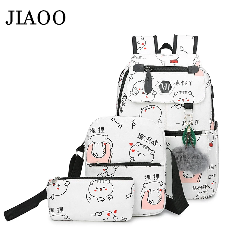 

JIAOO 2019 USB Charging Canvas Backpack 3 Pcs/set female backpack Casual Rucksack Women Student Book Bag School Backpack mochila
