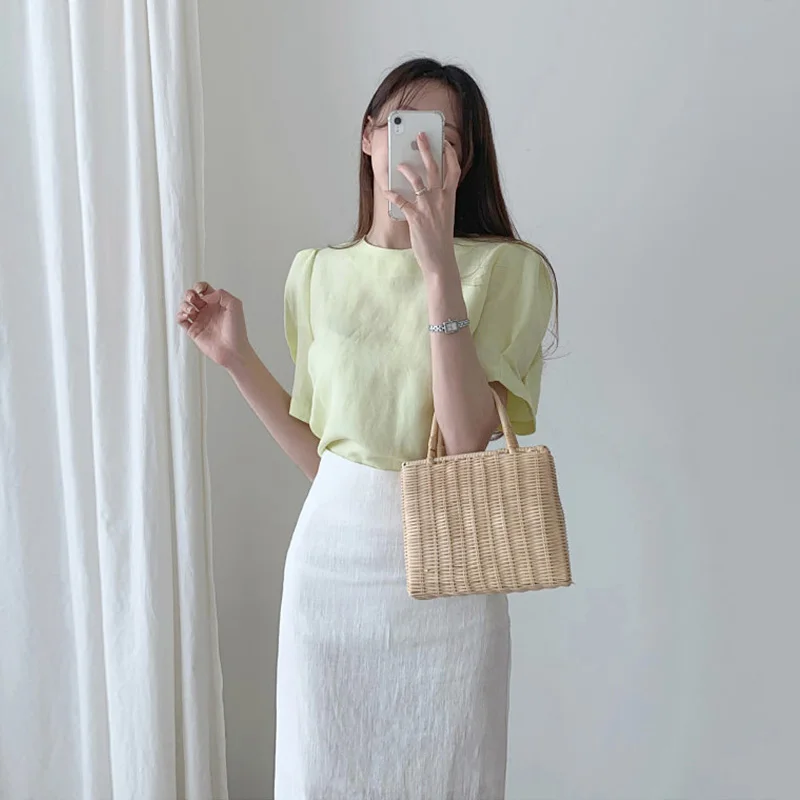 

cotton linen skirts Girls Party Female Vintage Summer blouse two piece set elegant femme Women's Sets 2 pecas women skirt Suits