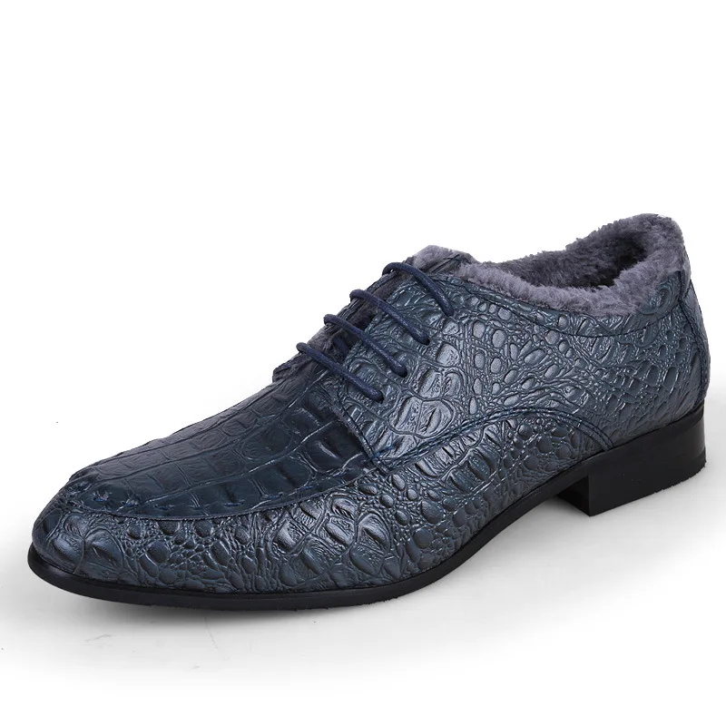 Туфли-оксфорды из натуральной кожи; деловые мужские туфли из крокодиловой кожи; Мужские модельные туфли на шнуровке; мужские свадебные туфли размера плюс - Цвет: blue with fur
