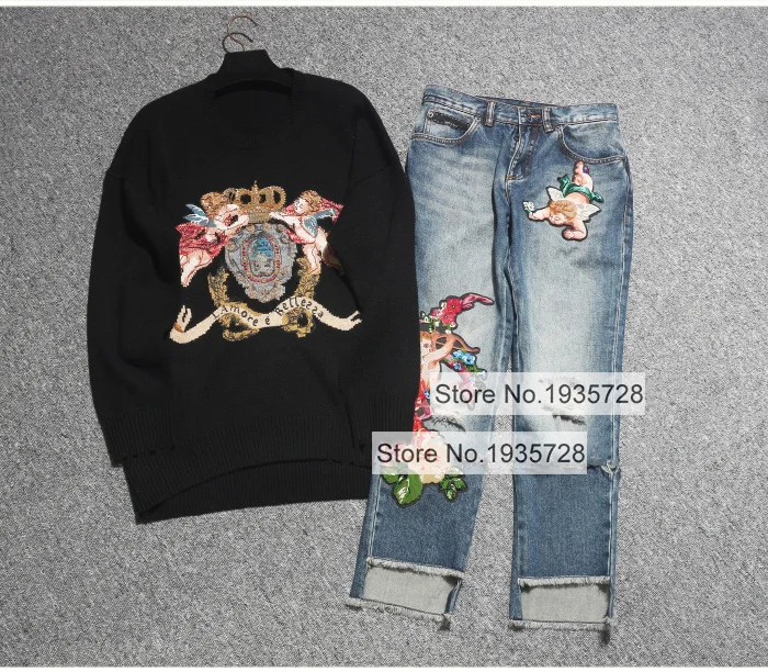 

New 100% Cashmere Little Angel Embroidery Knit Pullover Sweater + 100% Cotton Ripped Denim Jean Pants With Destroy Cut Detail