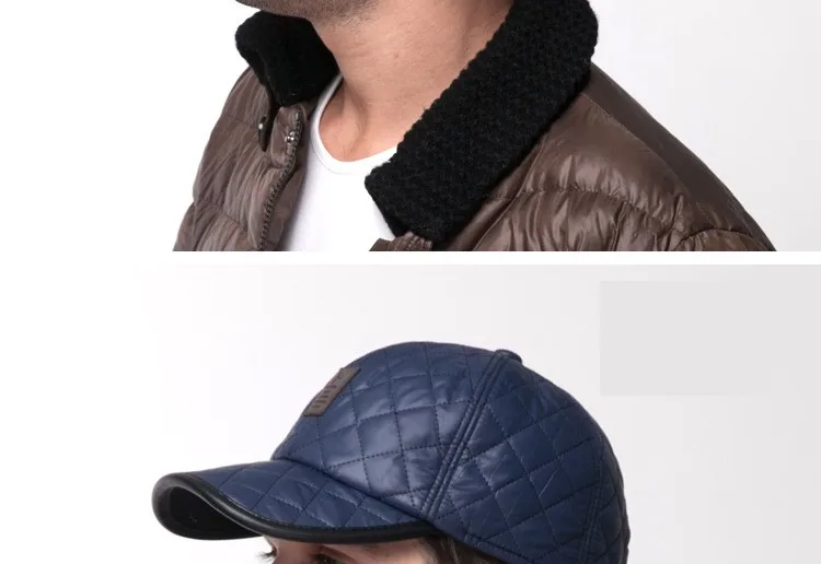 Толстая хлопковая Зимняя кепка с кожаными полями, мужская шапка для зимы и осени, искусственная кожа, защита ушей, бренд, бейсболки, теплые