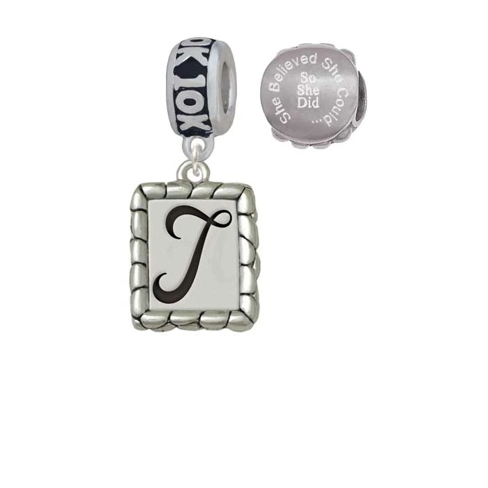 Silvertone Pebble Border Initial - T 10K Run She Believed She Could Charm Beads (Set of 2)