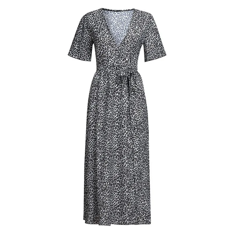 New Women Leopard Bohemian Long Dress 2019 Summer Sexy Deep V-neck Short Sleeve Long Maxi Party Beach Dress #E10 (12)
