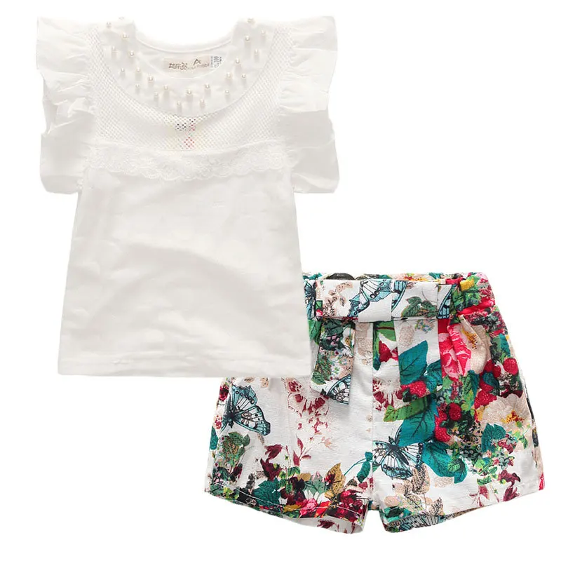 

Summer Children Clothing 2018 New White Shirts Floral Pants 2pcs Girls Clothes 3 4 5 6 7 8 9 Years Kids Suits Toddler Outfits