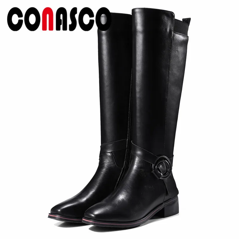 

CONASCO New Women Knee High Boots Genuine Leather Autumn Winter Warm High Heels Shoes Round Toe Elegant Top Quality Shoes Woman
