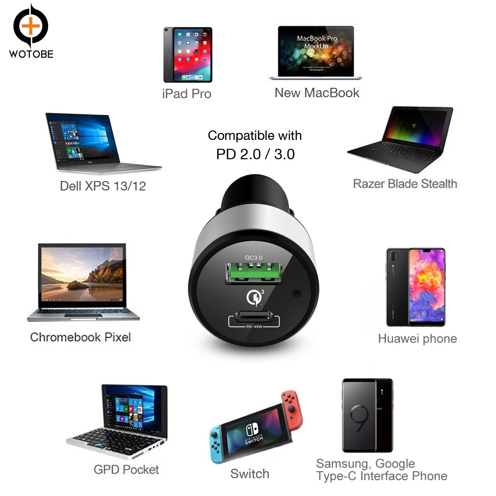 USB C TYPE-C PD 45 W شاحن سيارة تهمة سريع 3.0 18 W 63 W الطاقة كمبيوتر محمول محول الطاقة مع USB ل فون X/8/8 زائد سامسونج