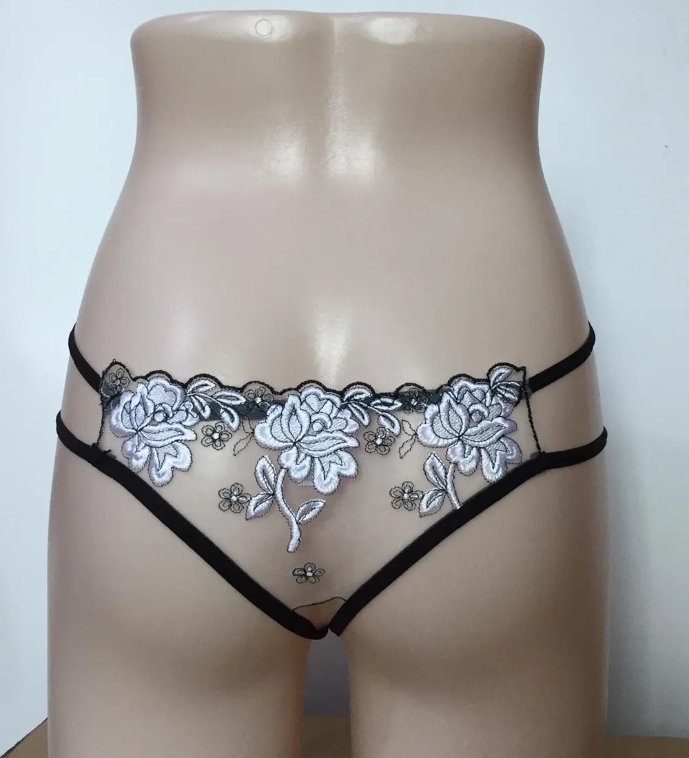 Fashion Sexy Sheer Floral Embroidery Open Crotch Hollow Out Bikini Thong T-Back Underwear Under Pants Erotic Lingerie Outfit