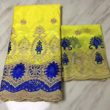 

Wholesale Price African Lace Fabric African Bazin Riche Fabric Yellow Blue Bazin Riche Getzner With Pearls For Women Wedding