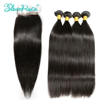 

3 4 Peruvian Straight Hair Extensions 100% Human Remy Hair Bundles With Lace Closure 4*4 Pre Plucked Bleacked Knots Slove Rosa