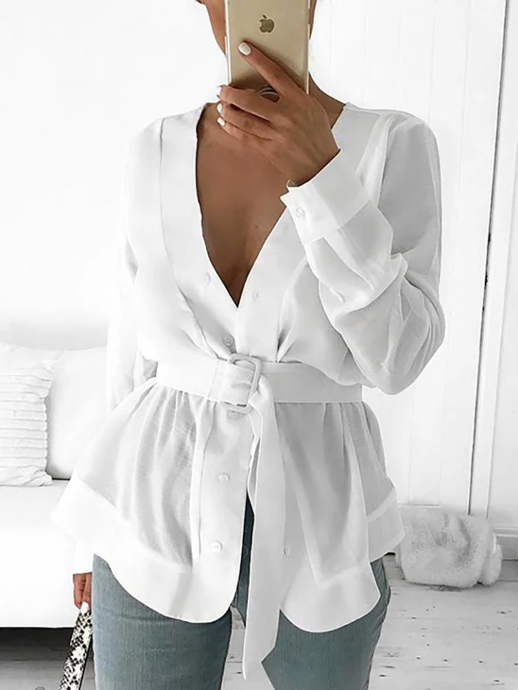 

2019 Summer Women Elegant White Office Look Basic Blouse Ladies V-neck Solid Long Sleeve Belted Casual Shirt