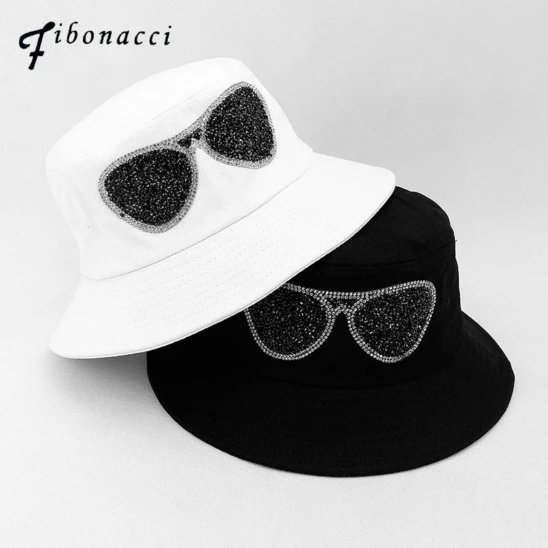 

Fibonacci 2018 New Hip Hop Bucket Hats Rhinestone Glasses Bob Hat For Men Women Panama Sunhat Fishing Casual Lovers Cap