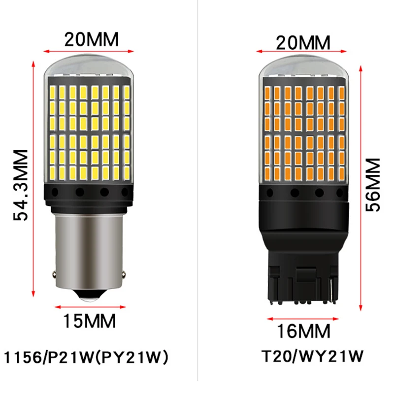 2pcs No Hyper Flash PY21W BAU15S 1156 BA15S T20 7440 W21W Canbus 144 SMD 3014 chip Turn Signal Lights Brake lamp Amber White  (8)