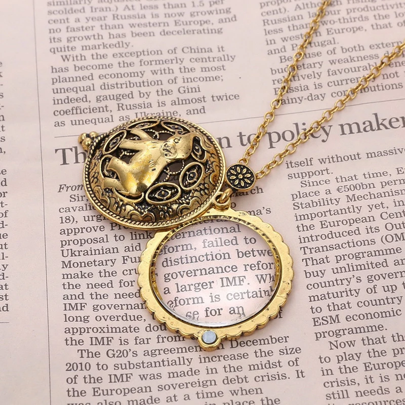 Retro Antique Statement Necklace Shellhard Crystal Cat Magnifying Glass Pendant Long Chain Necklace Fashion Jewelry For Women