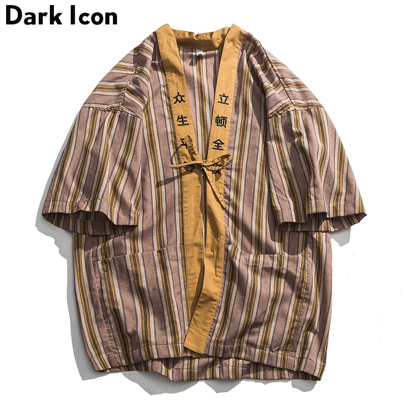 

Dark Icon Striped Kimono Shirt Men 2019 Summer Open Stitch Oversized Men Shirts Japanese Style Men's Shirts