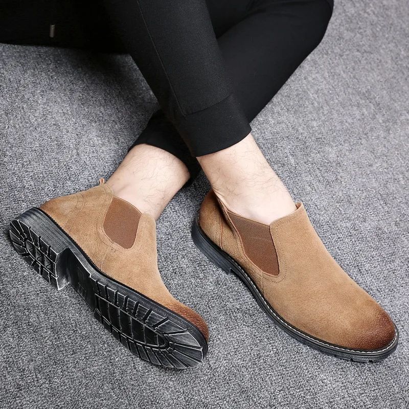 Dedo gris De Otoño Ronda Vestir Zapatos Botines Formales Del Oxford Nueva Chelsea gris Pie Suede Vaca Hombres Masculinos Estilo Invierno Negro Oscuro amarillo Botas Moda Casual marrón qXAgwUZO