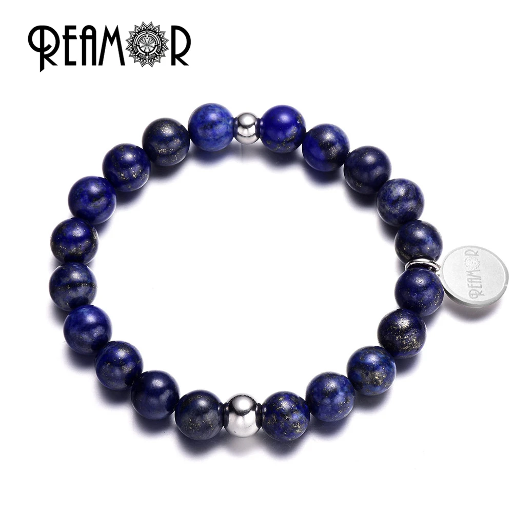 REAMOR Trendy Blue Lapis Lazuli Natural Stones Bracelet Stainless Steel