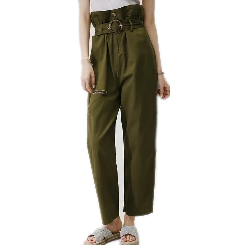 Новинка лета 2018 женские свободные штаны с высокой талией и дырками в стиле ретро