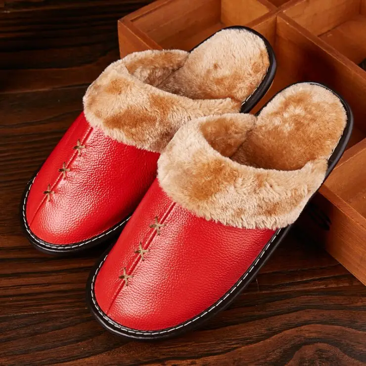 Г., теплые тапочки из натуральной кожи домашняя обувь для влюбленных Нескользящие зимние мужские тапочки на платформе женские тапочки на плоской подошве - Цвет: Красный