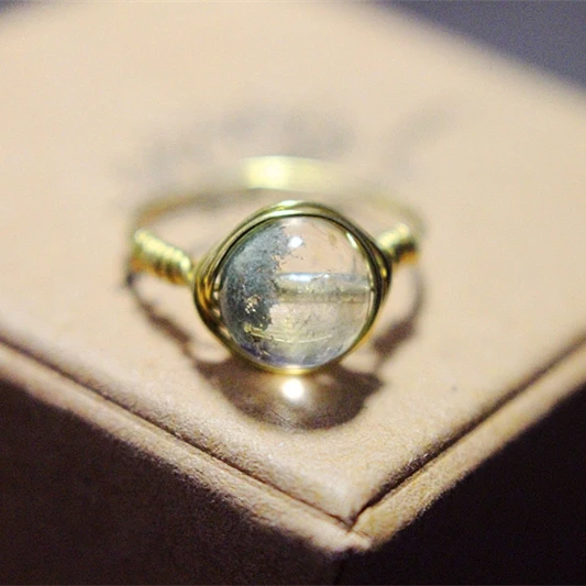

PINJEAS Green Phantom Crystals handmade wrapped wire Natural Cocktail Solitaire stackable Exquisite Charm female ring