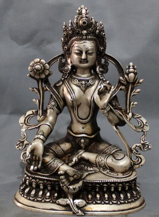 

JP S0114 9" Tibet Silver Buddhism Lotus Green Tara Goddess Statue Brass Protect Joss Set
