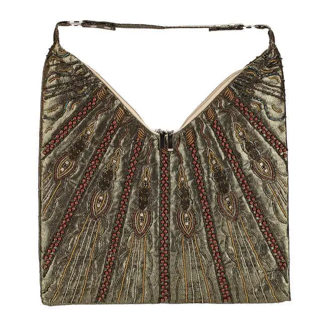 

Vintage Mineral grey Pakistan Women's Bag Linen Beaded Embroidery Shoulder Bag V-type India Style Handbag Makeup Bag XST3280-D