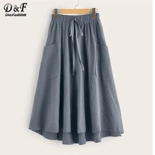 Dotfashion серая юбка с бантиком на талии и накладным карманом, расклешенная Асимметричная юбка с подолом, летняя женская Однотонная юбка с карманом, длинная юбка с заплатками