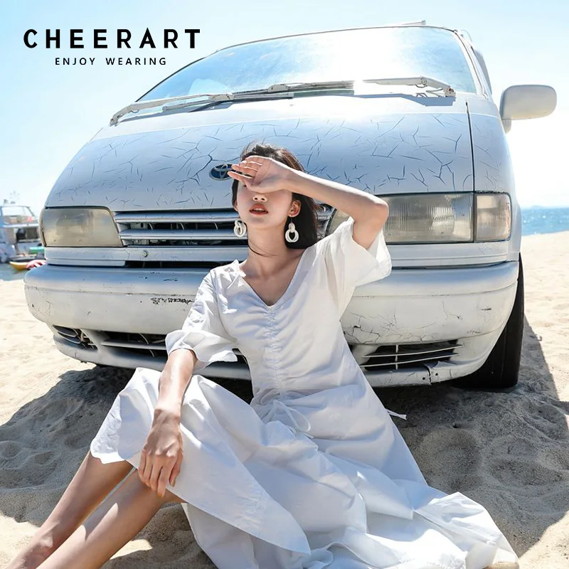 Длинное Летнее белое платье миди Cheerart с глубоким V образным вырезом женское