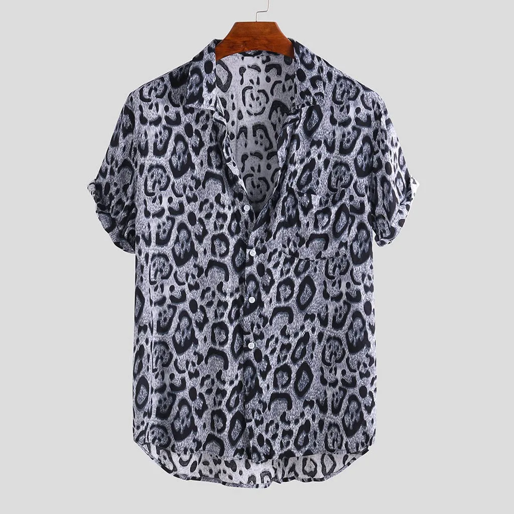 Мужская рубашка с леопардовым принтом, нагрудный карман, отложной воротник, короткий рукав, свободная сексуальная уличная рубашка, chemise homme, гавайская рубашка