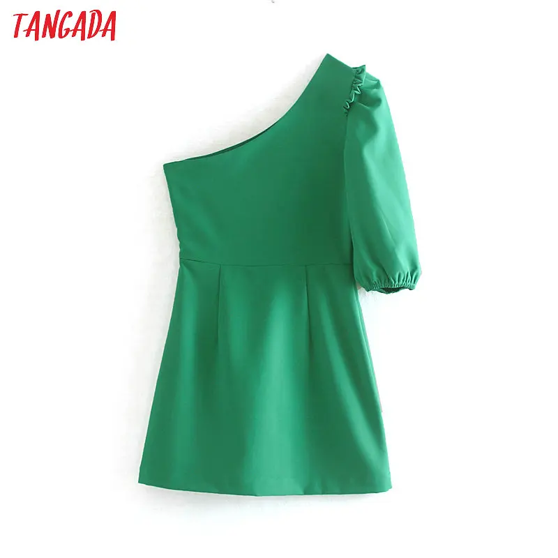 

Tangada 2019 women one shoulder off party dress three quarter sleeve pleated ladies korea fashion green tunic mini dress XN281