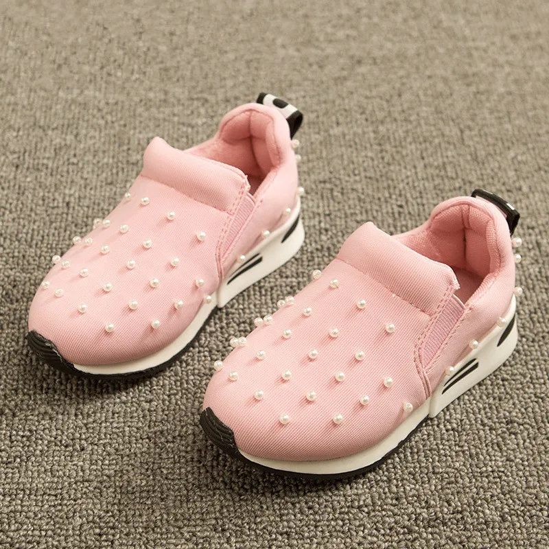 

2016 Korean Design Girls Sports Shoes Breathable Slip-on Soft Bottom Running Shoes With Pearl Sweet Kids Shoes Size 21-30