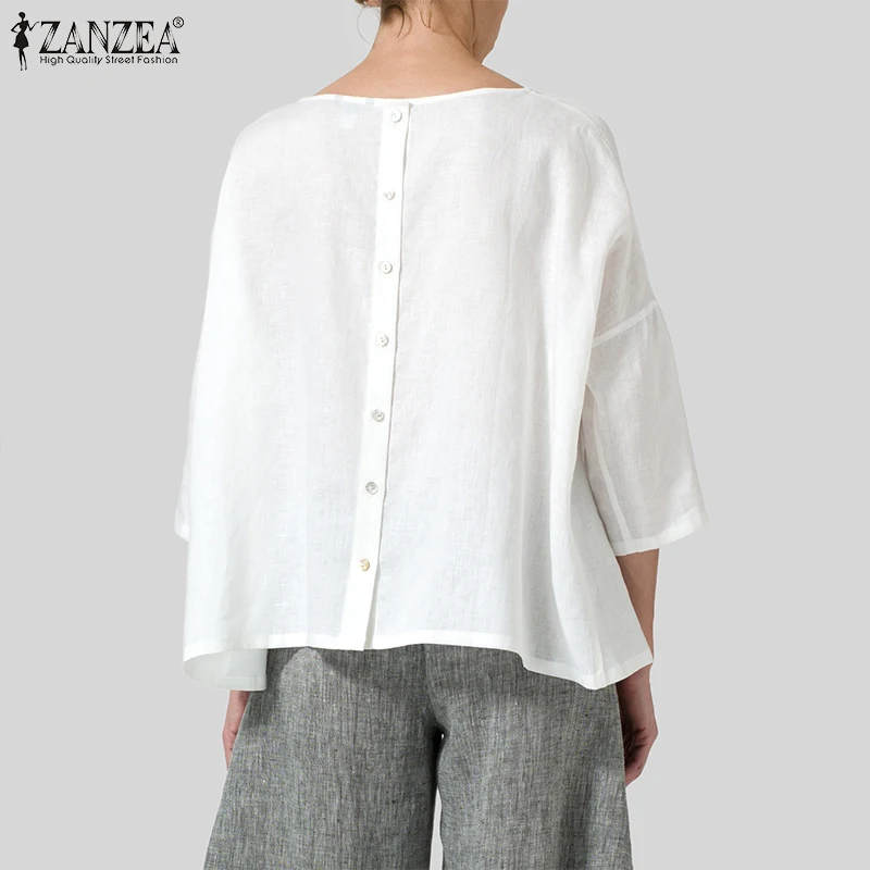 Винтажная женская блузка ZANZEA, летняя рубашка с круглым вырезом и рукавом 3/4, Повседневная Женская сорочка, однотонные пуговицы, Blusas Robe, свободная столешница, большие размеры