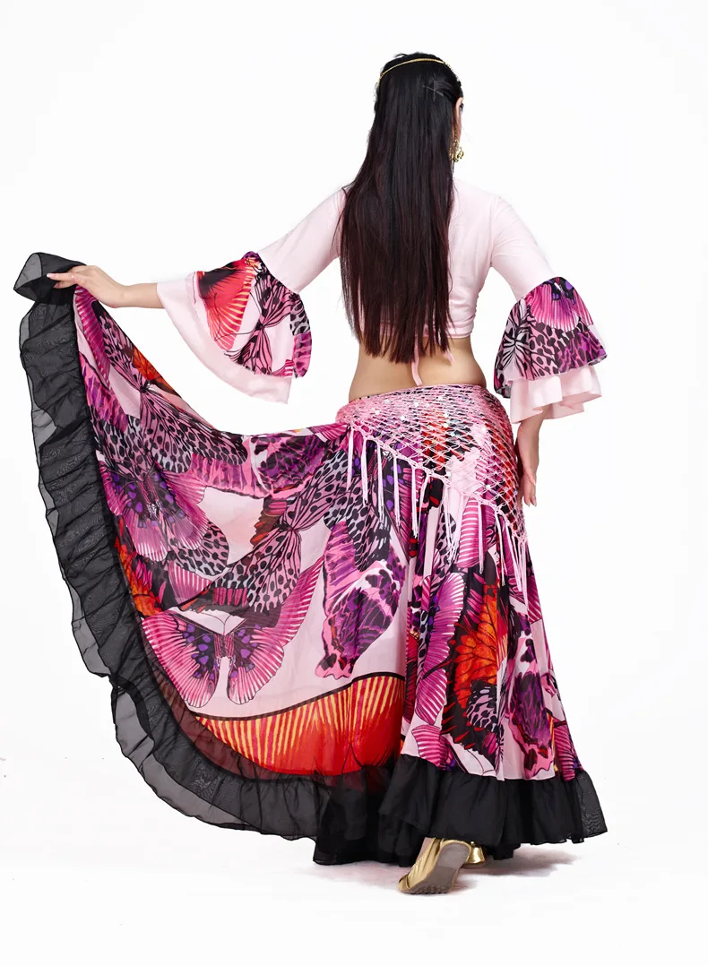 Новые Топы/юбка/Топы+ юбка Цыганский большой цветочный Комплект для танца живота платья красочные танцевальные наряды одежда