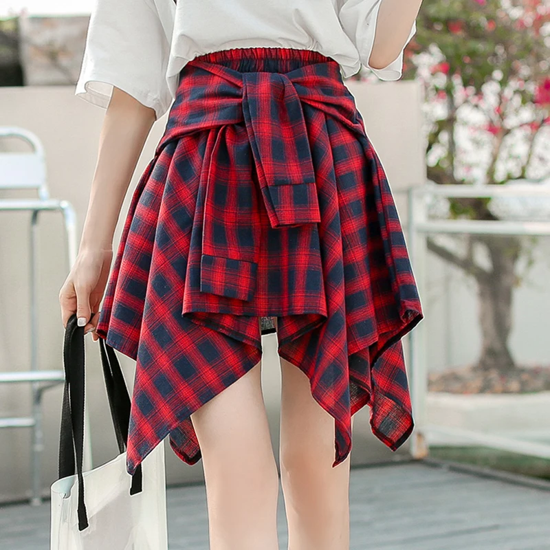 

New Summer High Waist Irregular Plaid Short Skirt Woman Sash Pleated Casual Half-length Skirt White Red Mini Skirts