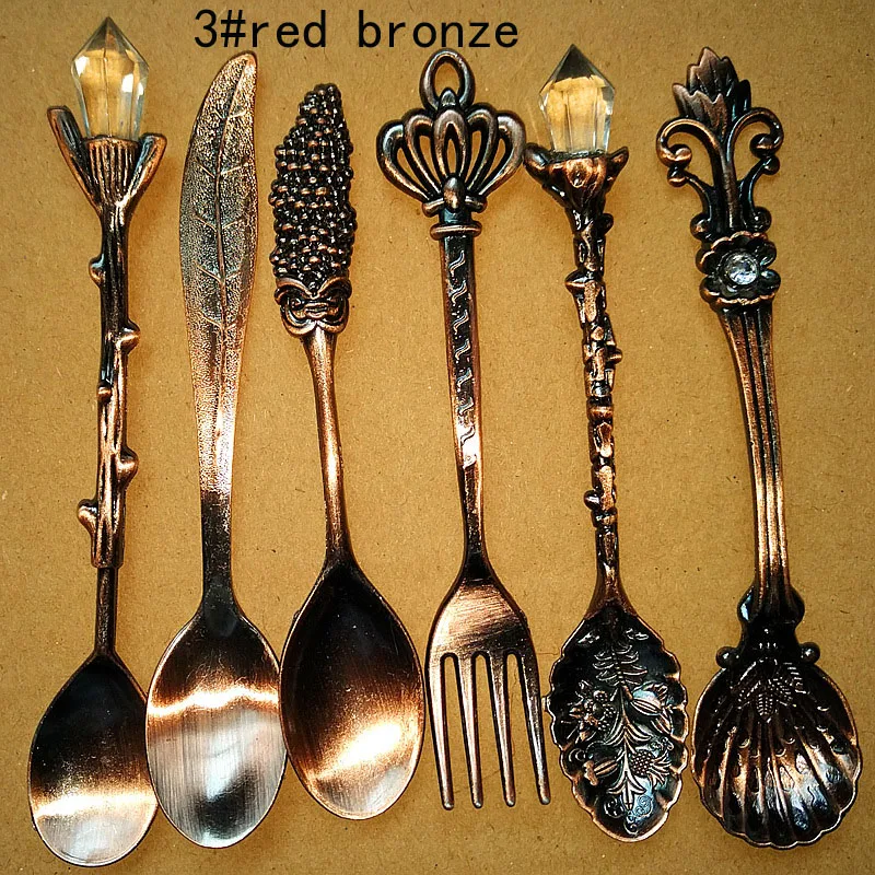 

6pcs/lot vintage carved coffee tea ice cream measuring Dinnerware Sets cake fork for wedding birthday tea party favor decoration