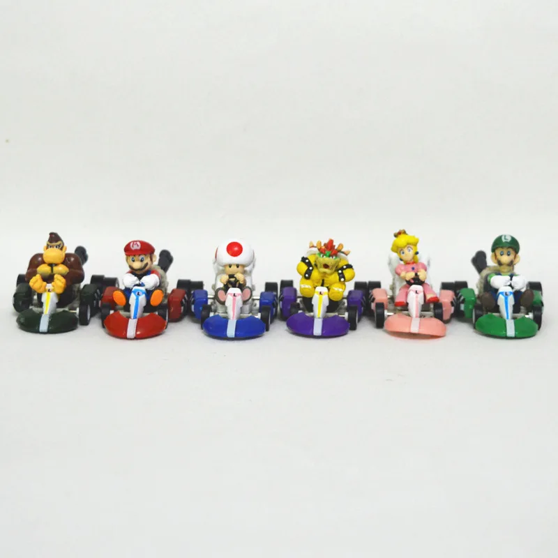 6pcs/set Super Mario Bros Figures Anime Luigi Dinosaurs Donkey Kong Bowser Kart Pull Back Car Hot Toys for Children