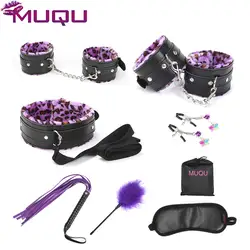 Черный PU с фиолетовым леопарда плюшевые бондаж набор взрослые игры ошейник БДСМ наручники SM игрушки ремень для раба; БДСМ секс-игрушки для
