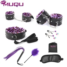 Black PU with purple leopard plush bondage set adult games bdsm collar handcuffs sm toys slave bdsm bondage sex toys for couples Black PU with purple leopard plush bondage set adult games bdsm collar handcuffs sm toys slave bdsm bondage sex toys for couples