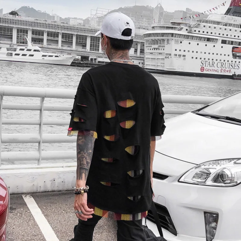 

Fake two piece Hole Summer Streetwear Hip Hop Loose T-shirt Male Korean Harajuku Patchwork Color Tee Shirt Men Dance Tops Tee