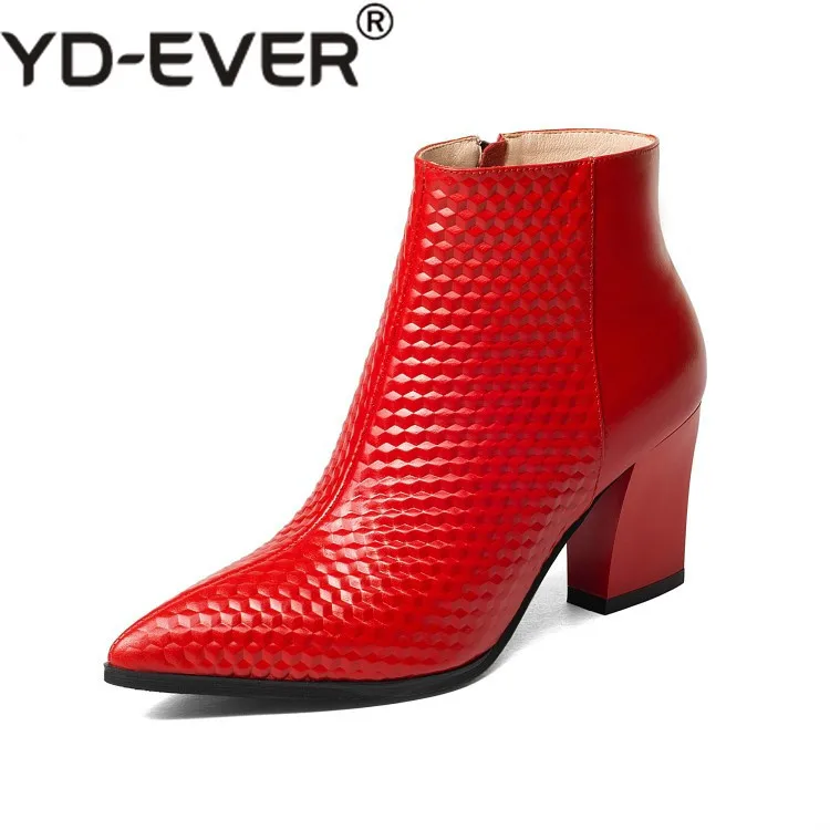 

YD-EVER 2019 women ankle boots cow leather red color autumn spring slip on zippers ankle boots female boots riding boots