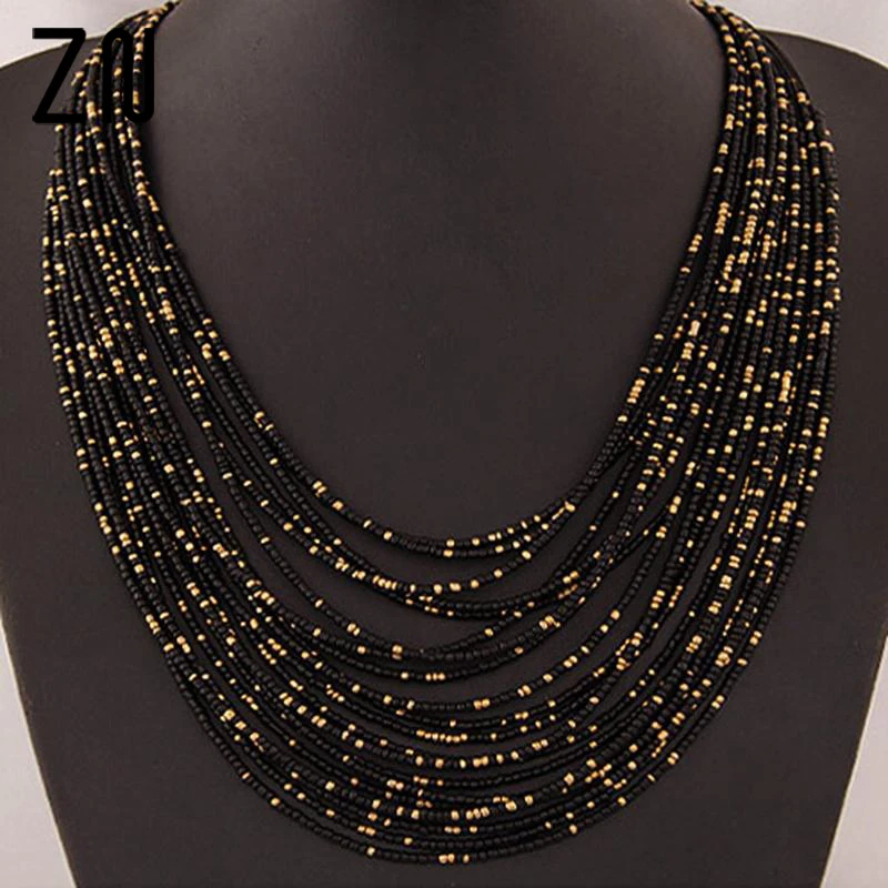 Bohemia Necklace Fashion For Women Brand ZA Exaggerated Luxury Multilayer Beads Statement Choker Chunky Necklace Wholesale