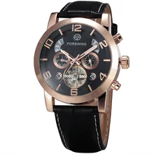 WINNER Men Noble Mechanical Wrist Watch Leather Strap Tourbillion Calendar Sub-dials Big Number Golden Bezel reloj hombre+BOX