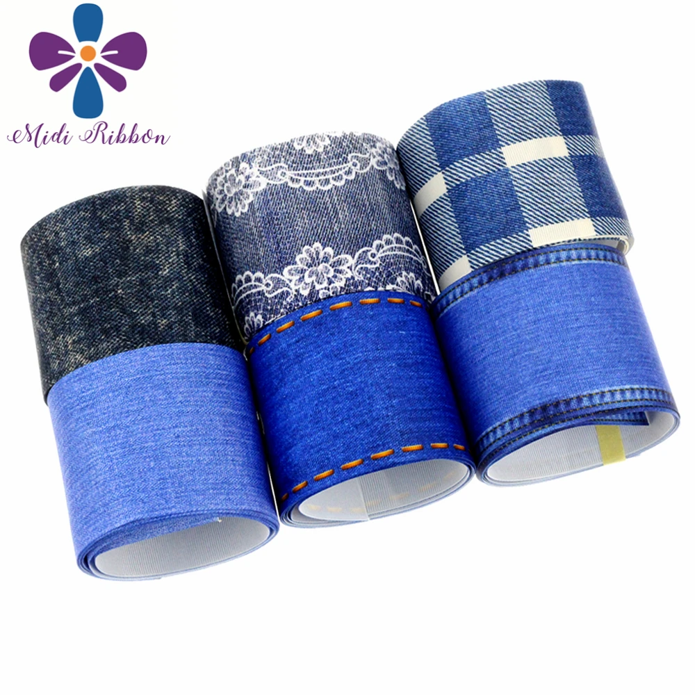 16mm 75mm Jeans Series Denim Like Printed Grosgrain Elastic Ribbon