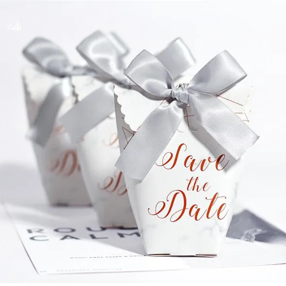 

Free shipping save the date marble paper party chocolate box with ribbon , DMYN1