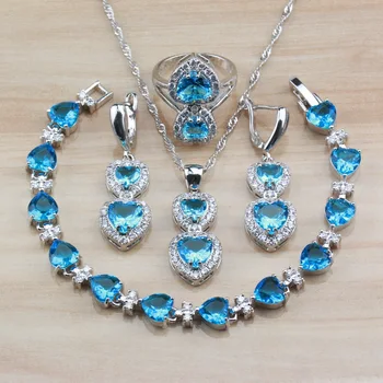 

Fashion Party Accessories Silver Color Heart Jewelry Sets For Women Sky Blue CZ Long Earrings/Necklace/Bracelet And Ring